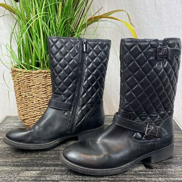 Saks 5th Avenue Black Quilted Zip Up Buckle Moto Calf Boots 7 - Picture 1 of 7
